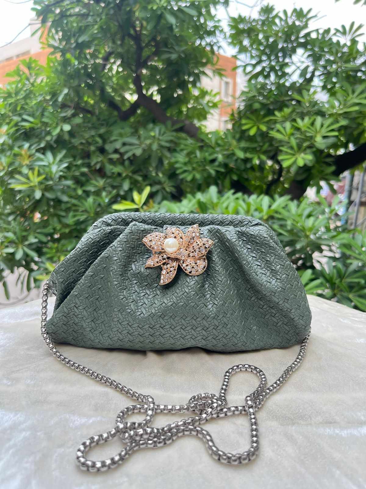 Ruche Pouch Clutch Bag with Pearl Floral Brooch & Chain Strap for Women