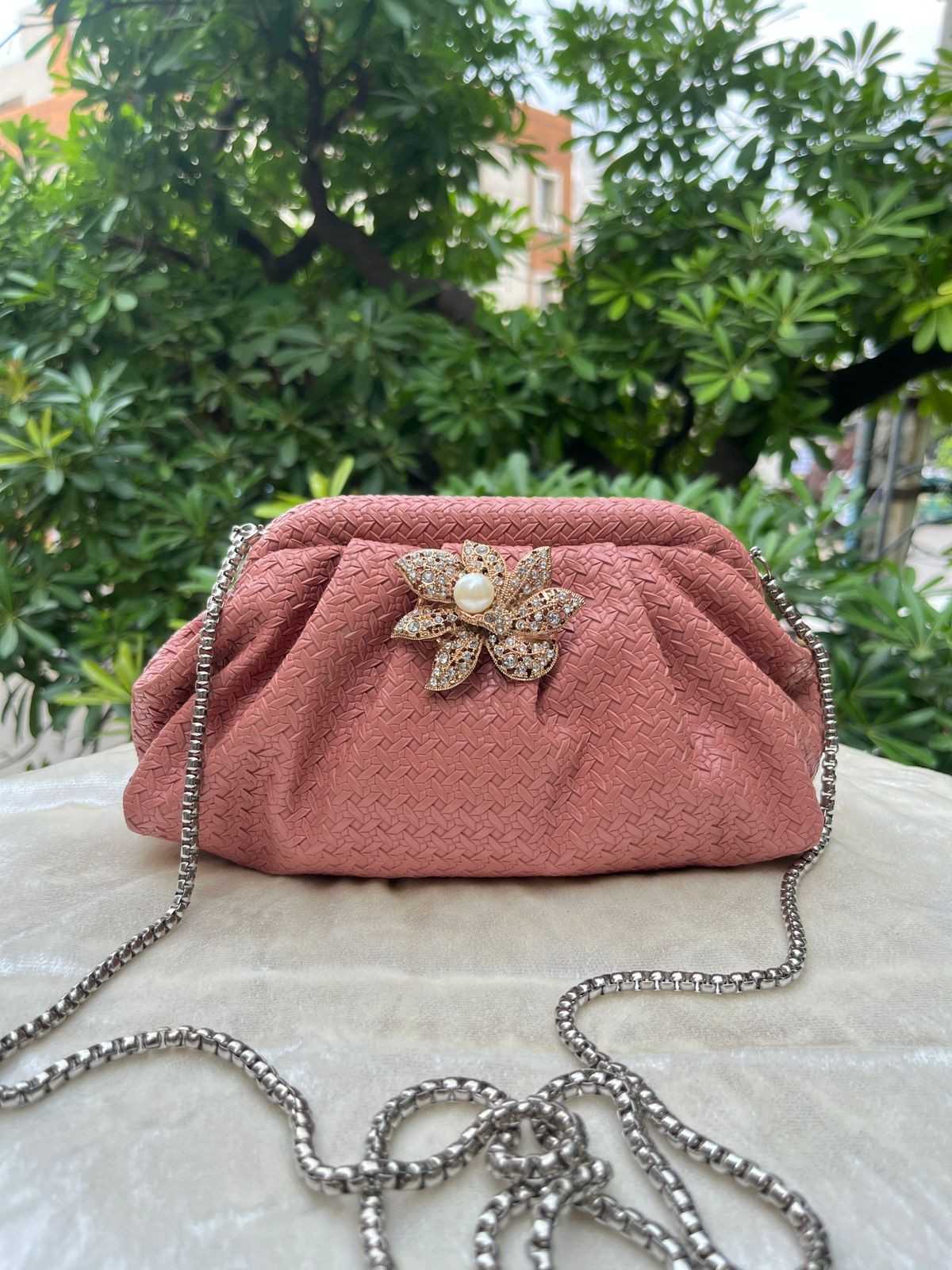 Ruche Pouch Clutch Bag with Pearl Floral Brooch & Chain Strap for Women