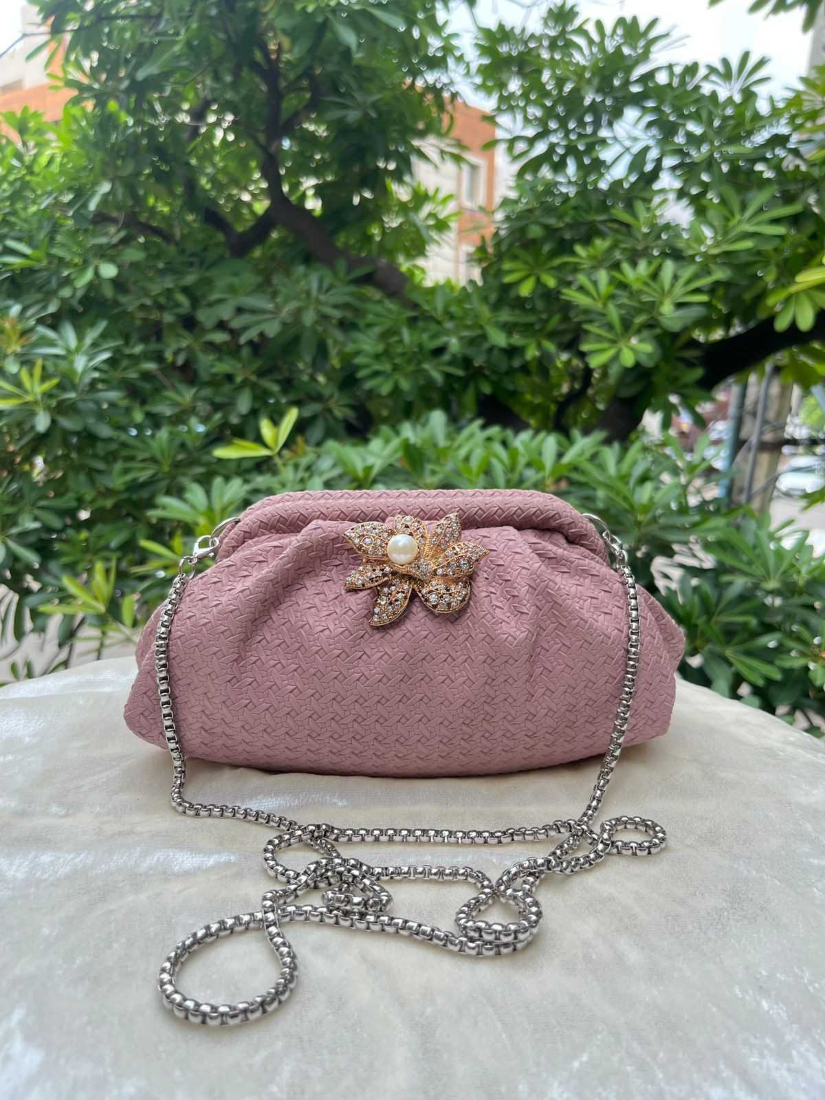 Ruche Pouch Clutch Bag with Pearl Floral Brooch & Chain Strap for Women