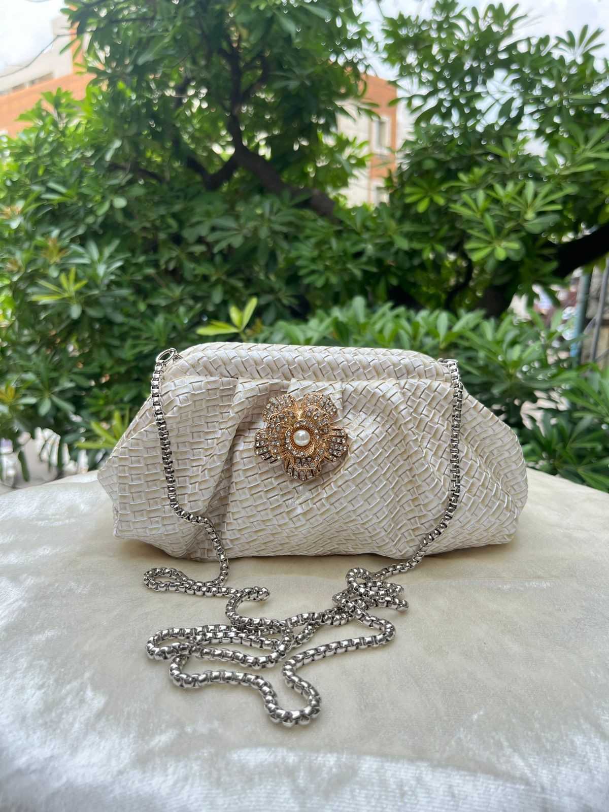 Ruche Pouch Clutch Bag with Pearl Floral Brooch & Chain Strap for Women