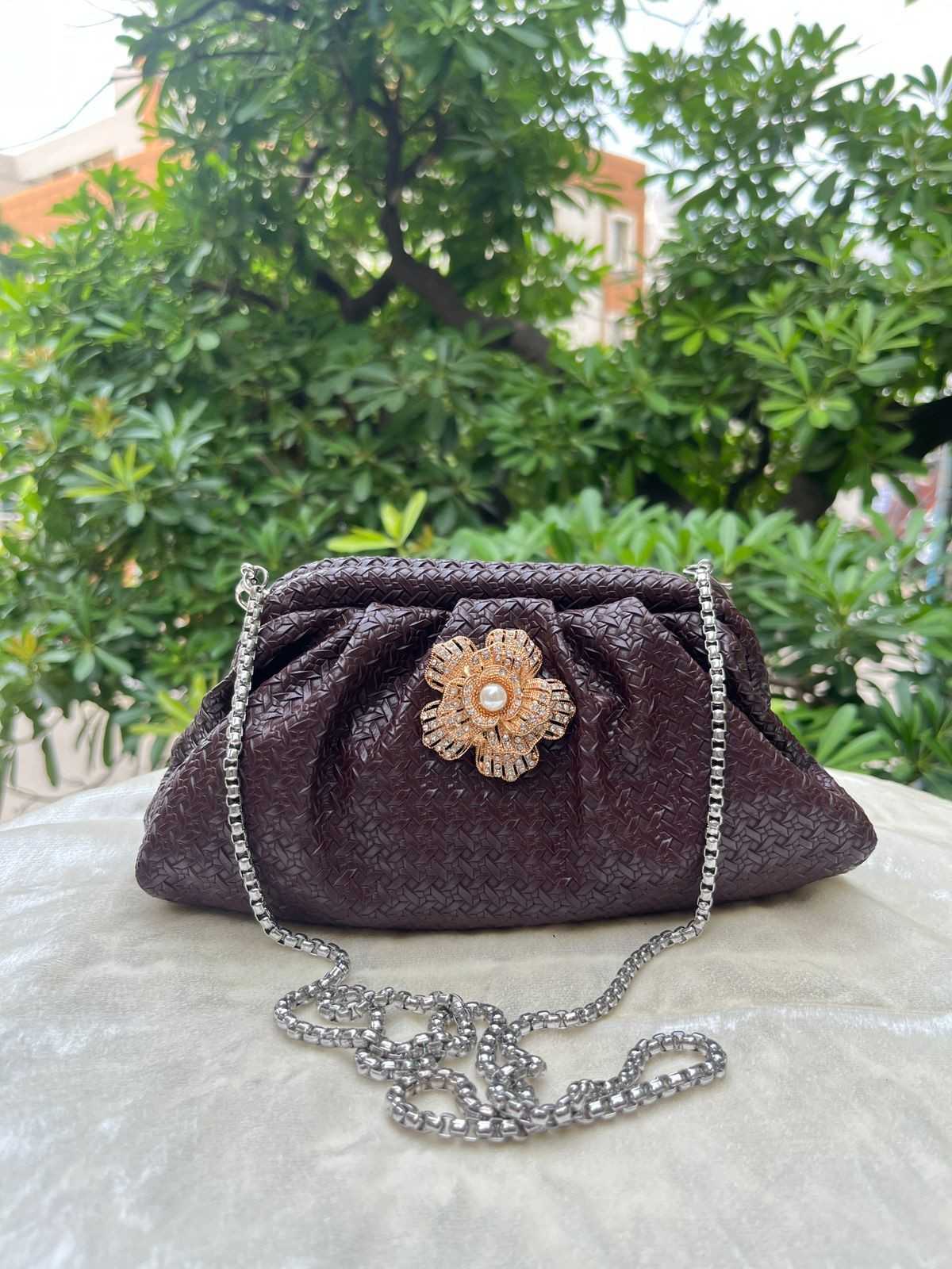 Ruche Pouch Clutch Bag with Pearl Floral Brooch & Chain Strap for Women