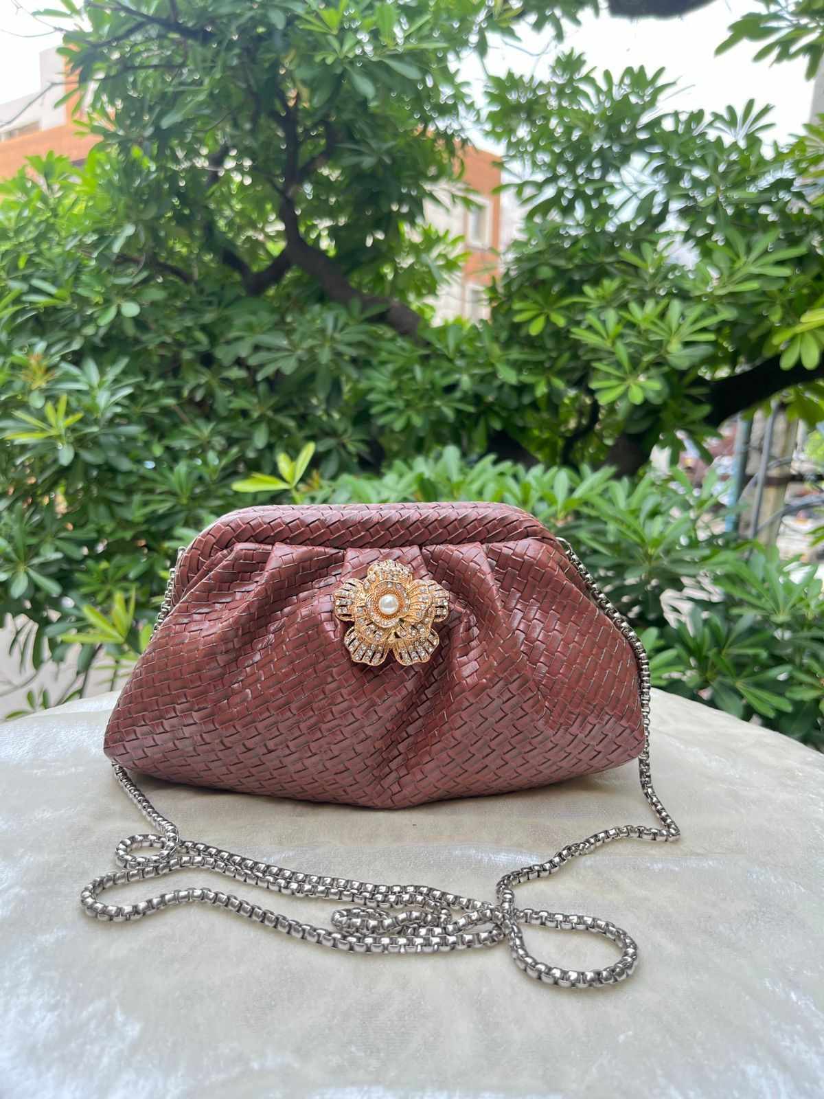 Ruche Pouch Clutch Bag with Pearl Floral Brooch & Chain Strap for Women