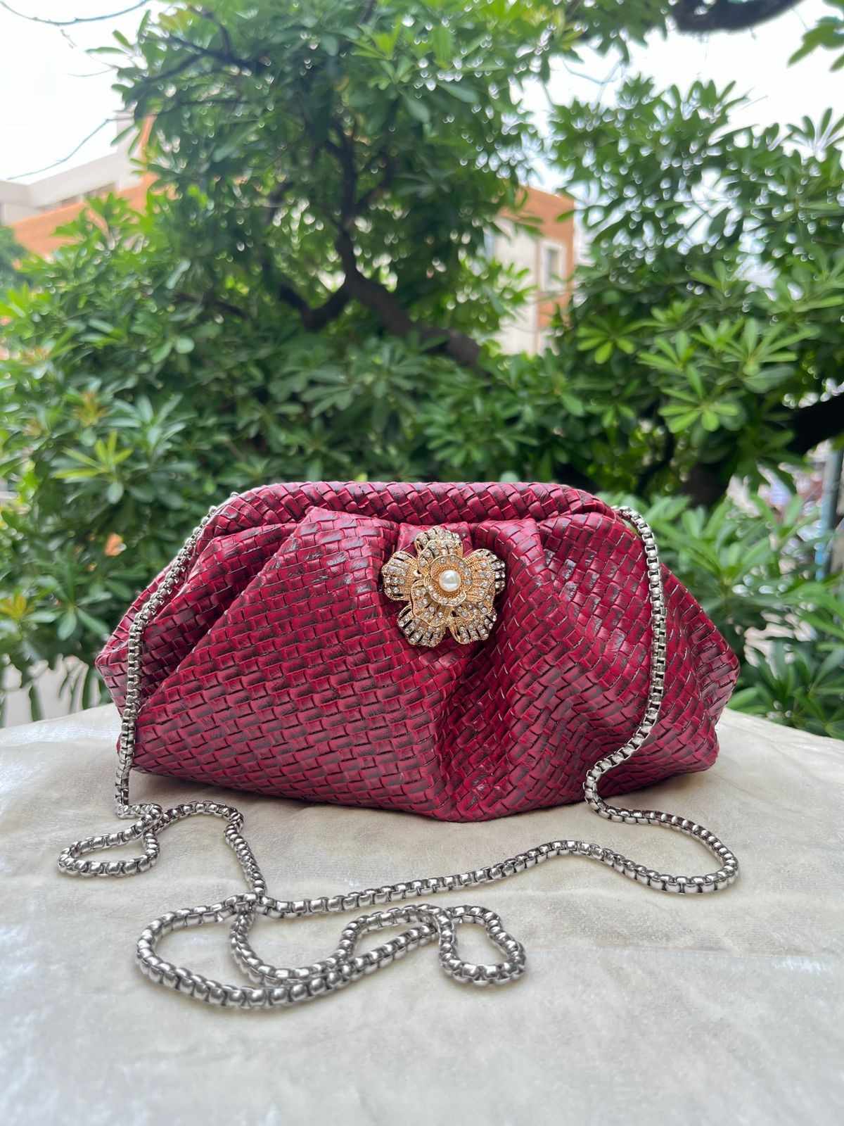 Ruche Pouch Clutch Bag with Pearl Floral Brooch & Chain Strap for Women
