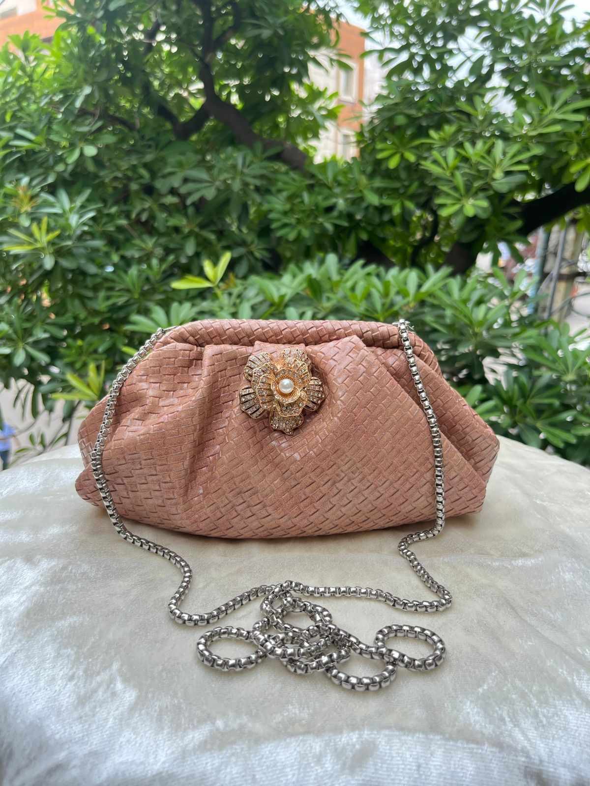 Ruche Pouch Clutch Bag with Pearl Floral Brooch & Chain Strap for Women
