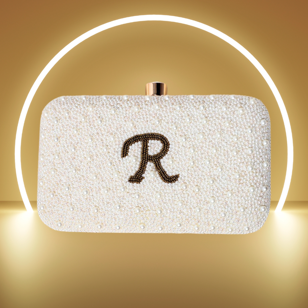Pearl Bead Embroidery Customised Initial Name Clutch Bag