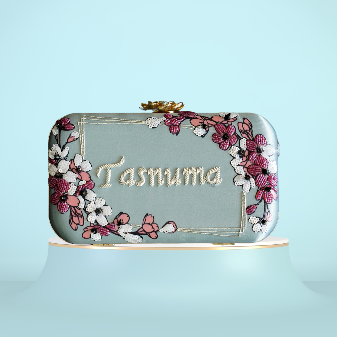 Customized Grey Name Embroidery Highlight Party Clutch