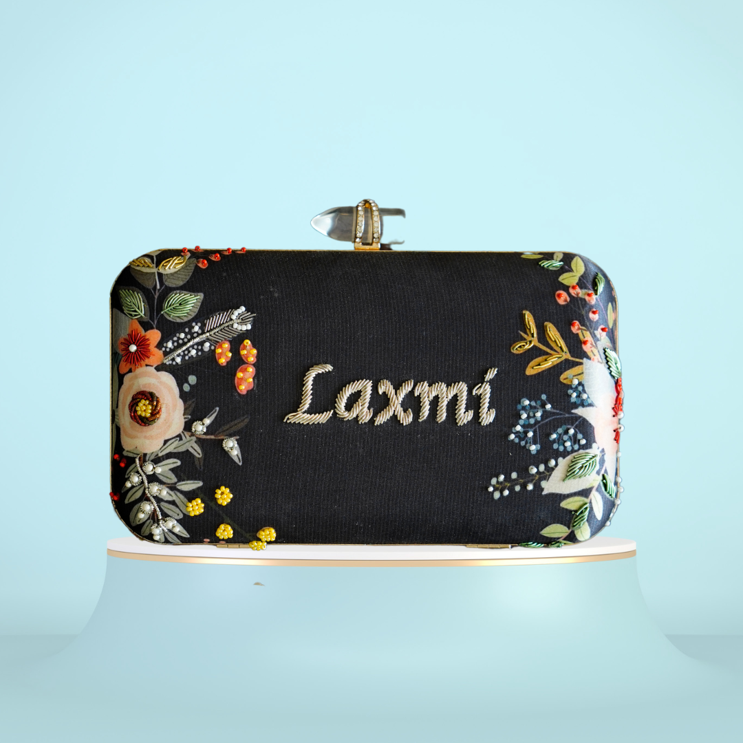 Customised Black Name Embroidery Highlight Party Clutch