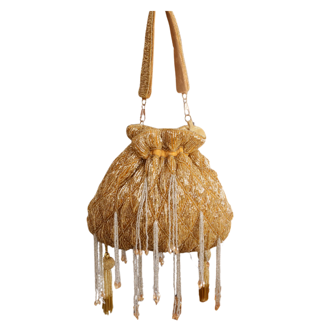 Golden Embroidery Women Party Potli Bag