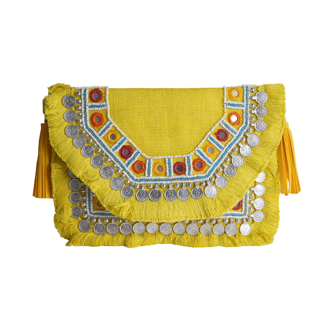 Yellow Coin Mirror Banjara Bag – Boho Clutch, Beaded Bohemian Purse with Tassels & Embroidery