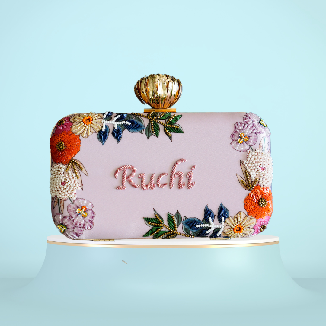 Customized Purple Embroidery Name Highlight Party Clutch