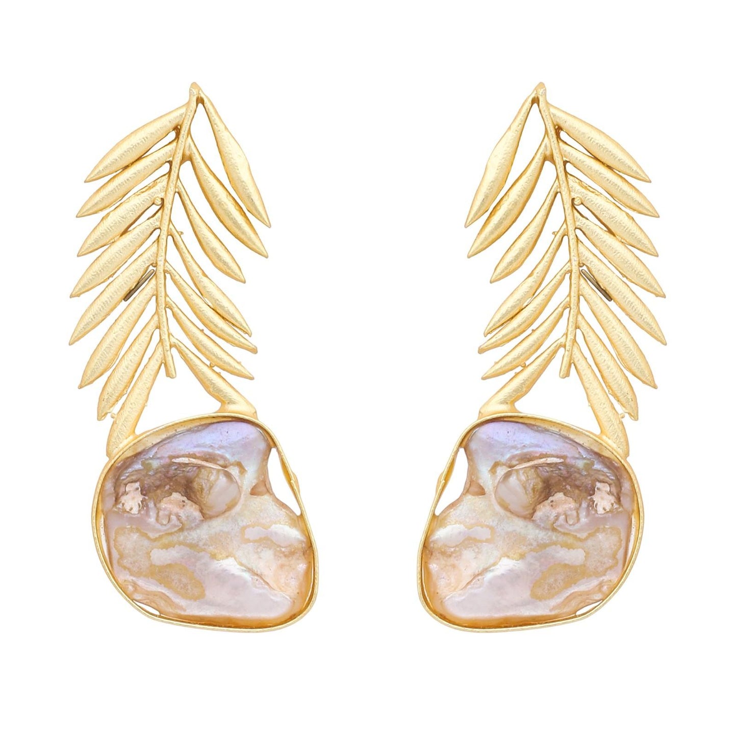 Gold Plated Statement Earrings for Women | Handcrafted Leaf Design with Natural Shell Stone | Designer Ethnic & Western Jewelry