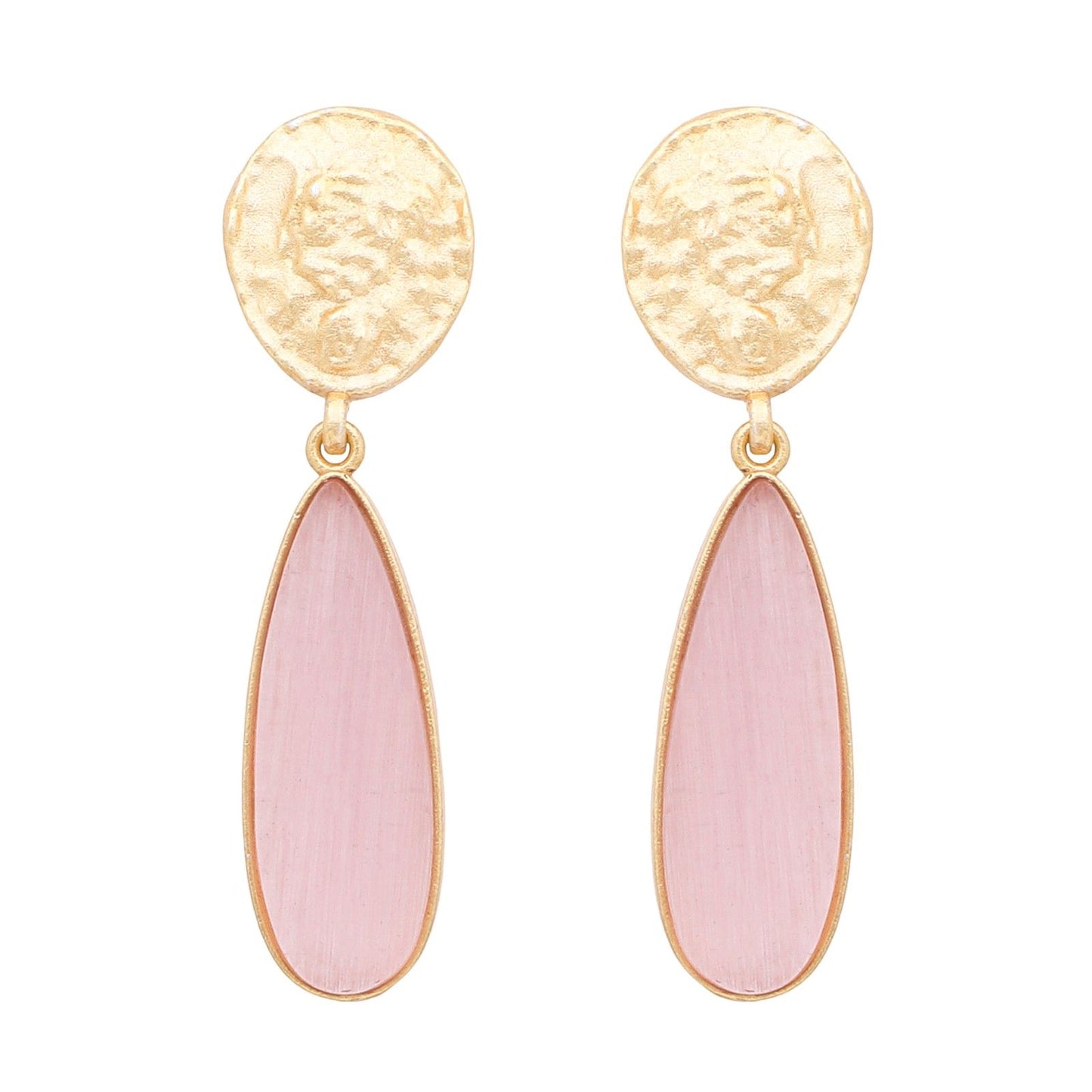 Pink Teardrop Earrings - Hammered Gold Boho Chic Drops
