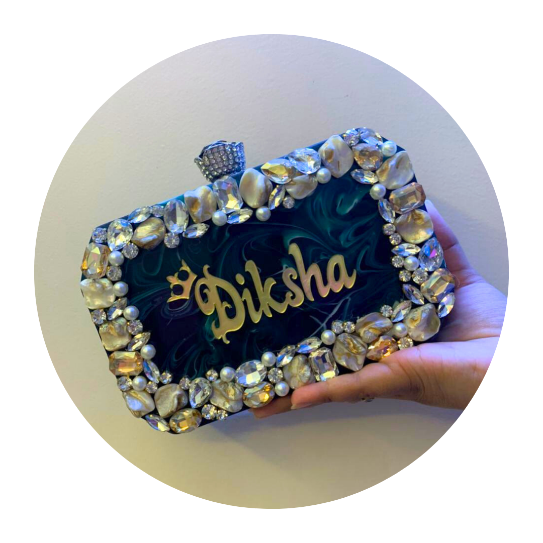 Acrylic Embellished Designer Name Clutch
