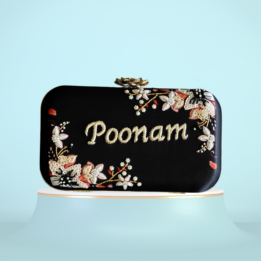 Customised Black Name Embroidery Highlight Party Clutch
