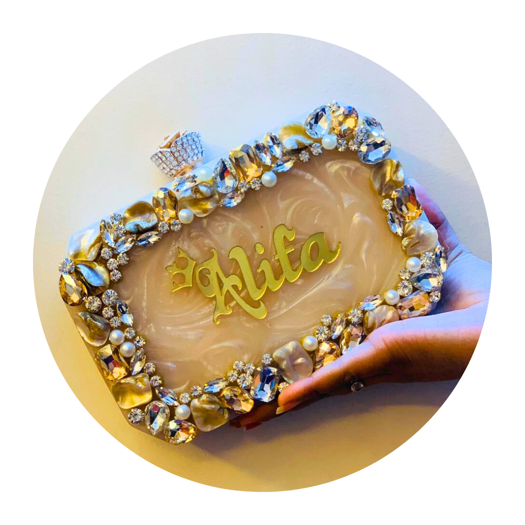 Acrylic Embellished Designer Name Clutch