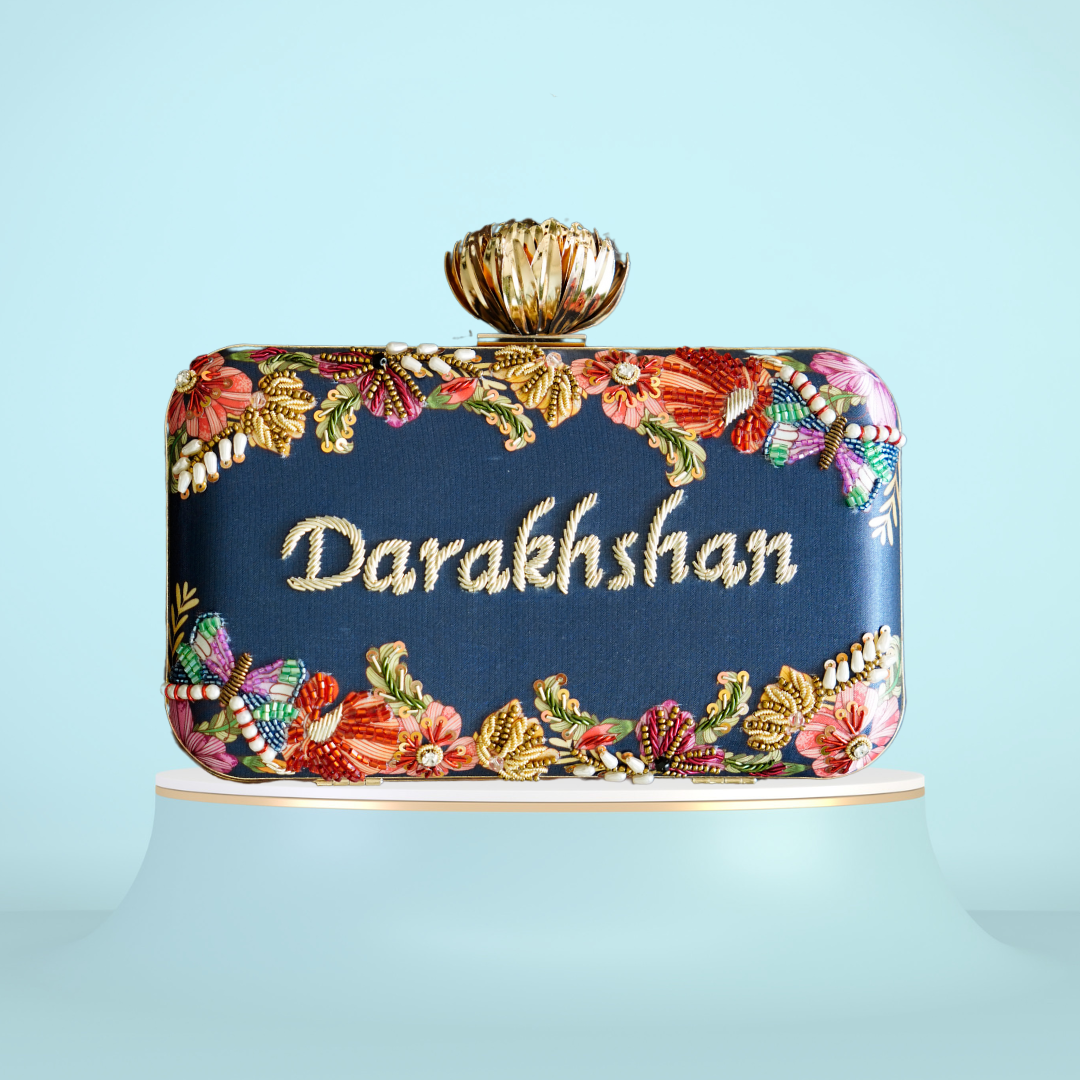 Customized Embroidery Blue Name Party Highlight Clutch
