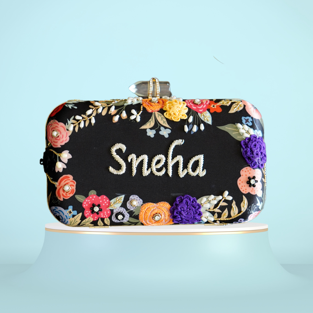 Customised Black Name Highlight Embroidery Party Clutch for Woman