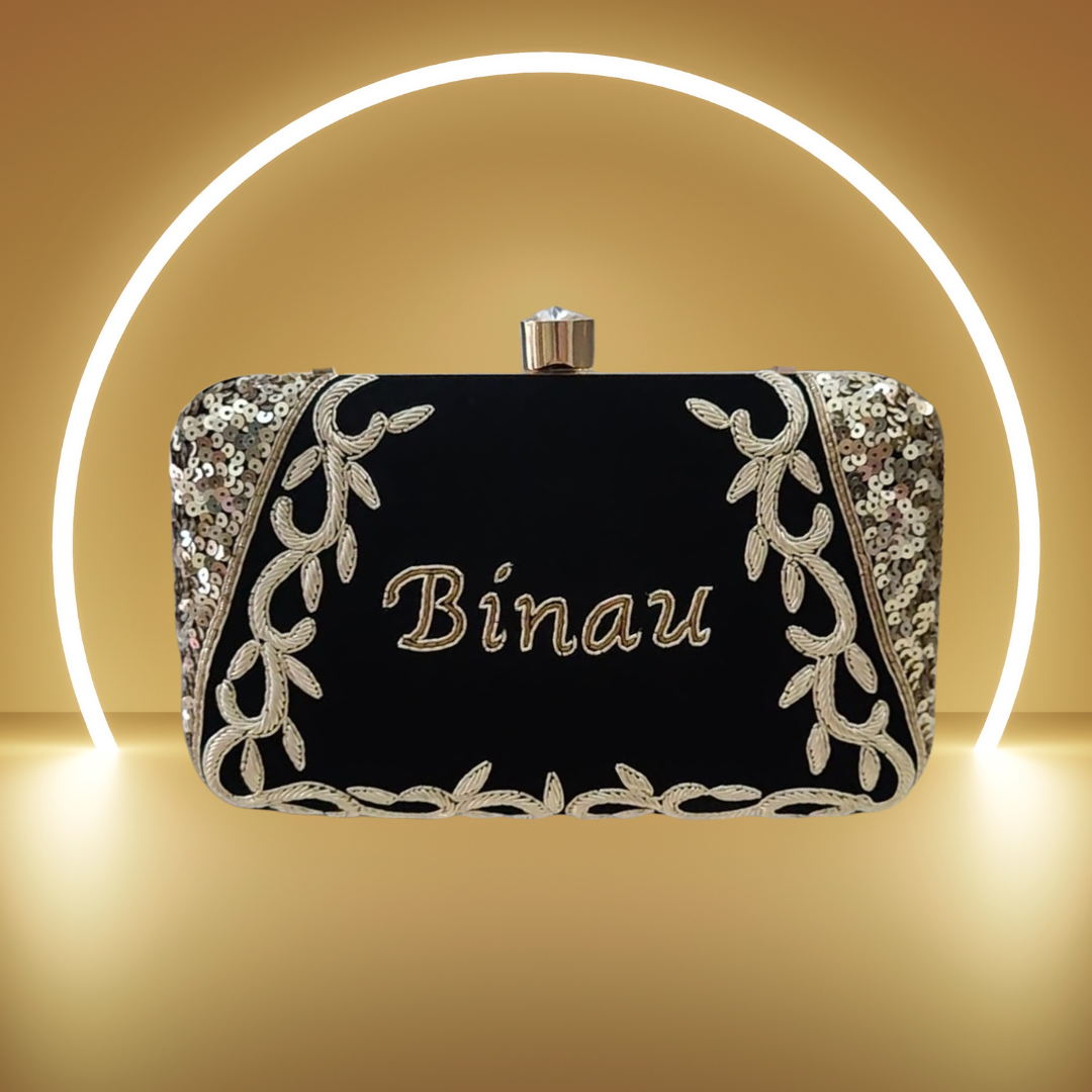 Customised Velvet Black Embroidery Sling Clutch Bag