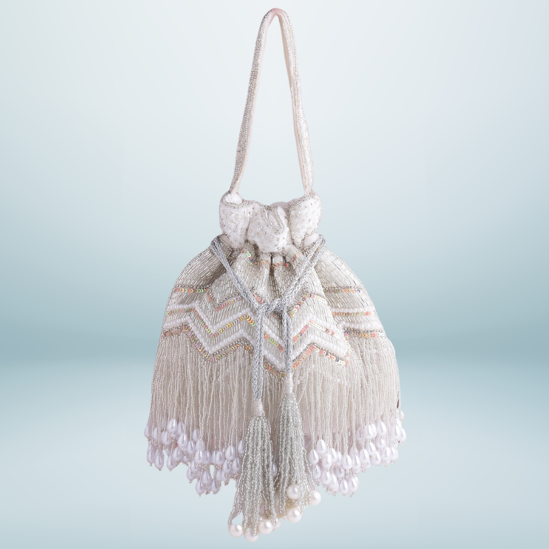 Women White Embroidered Potli Bag with Tassel Jhallar