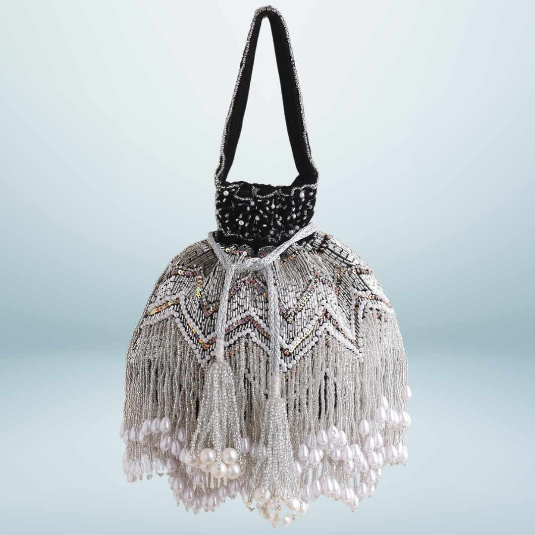 Women Black Embroidered Potli Bag with Tassel Jhallar