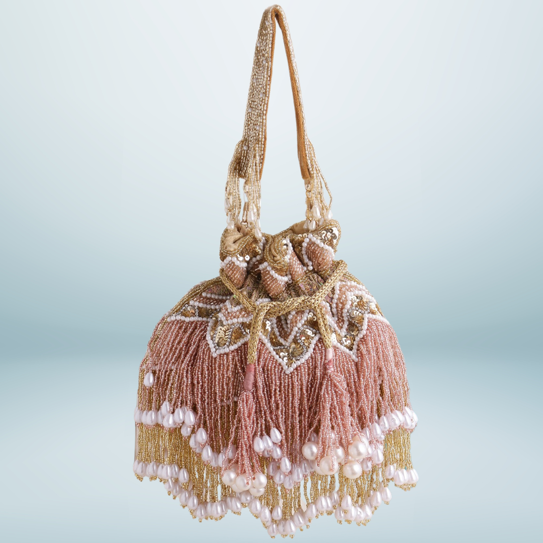Women Pink Embroidered Potli Bag with Tassel Jhallar