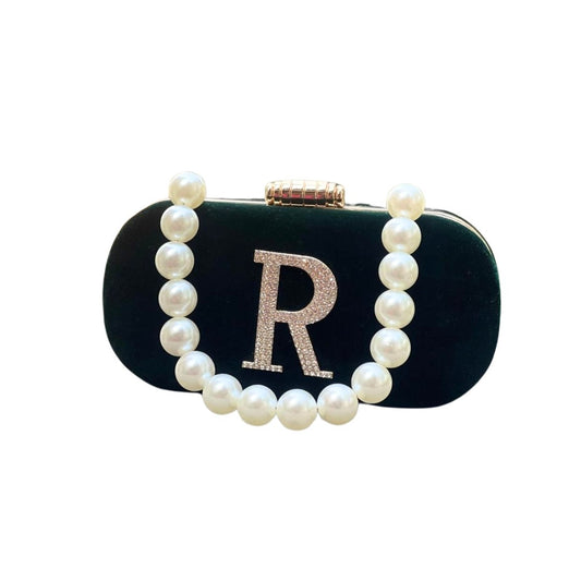 Customizable Velvet Clutch Bag with Pearl Handle & Rhinestone Initial