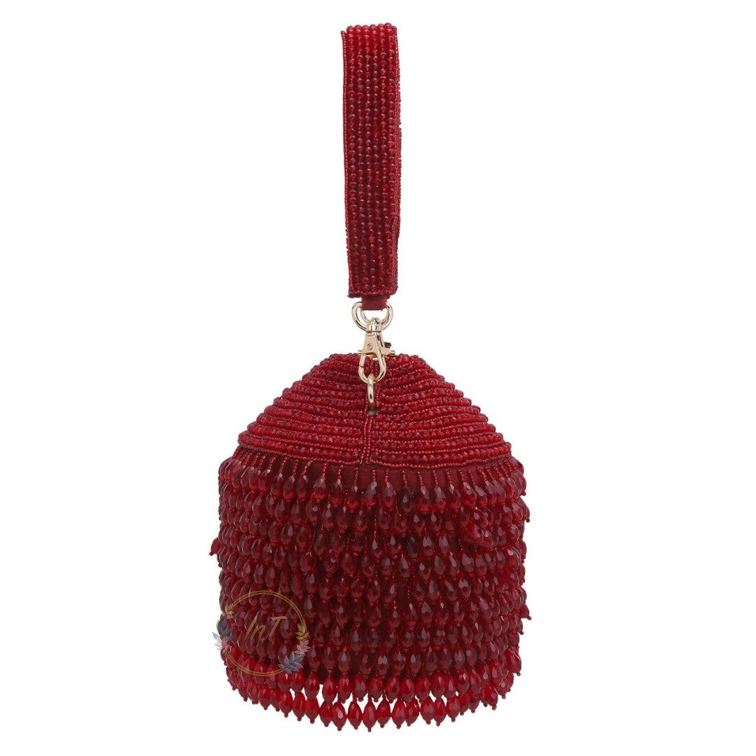 Designer Hand-Embroidered Maroon Pearl Bead Bucket Bag