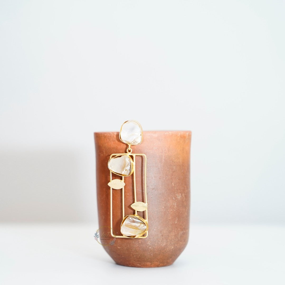 Bold Geometric Statement Earrings for Women – Modern Imitation Jewelry with Pearl Finish and Gold Frame
