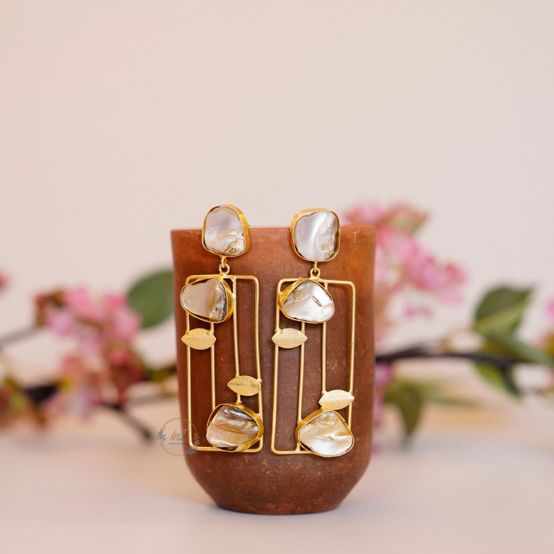 Bold Geometric Statement Earrings for Women – Modern Imitation Jewelry with Pearl Finish and Gold Frame