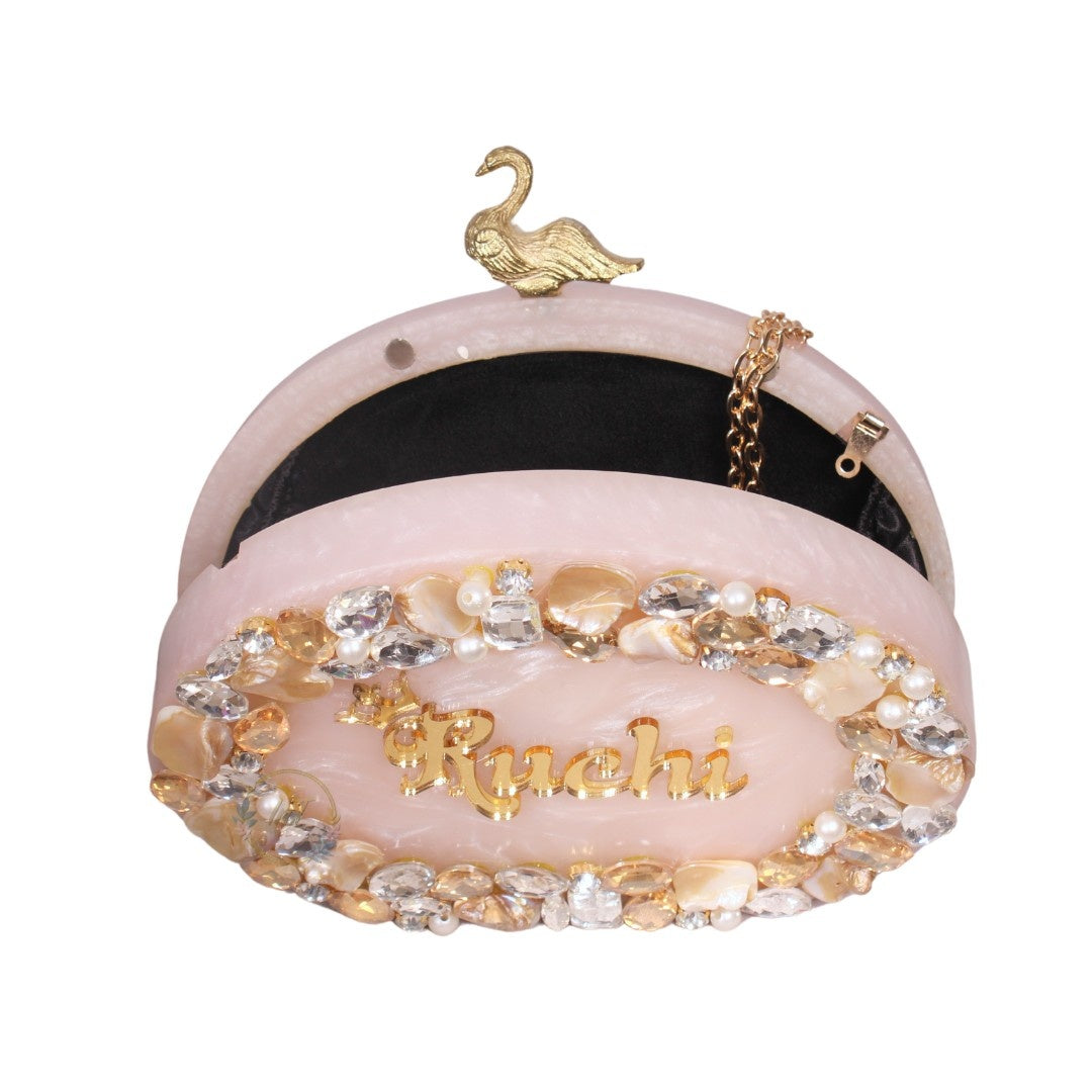 Acrylic Custom Name Resin Clutch – Pearl & Crystal Embellished