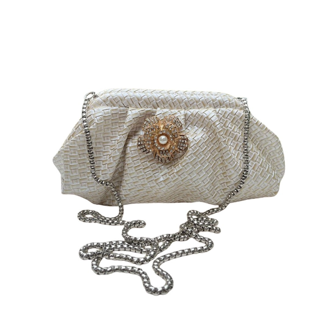 Ruche Pouch Clutch Bag with Pearl Floral Brooch & Chain Strap for Women