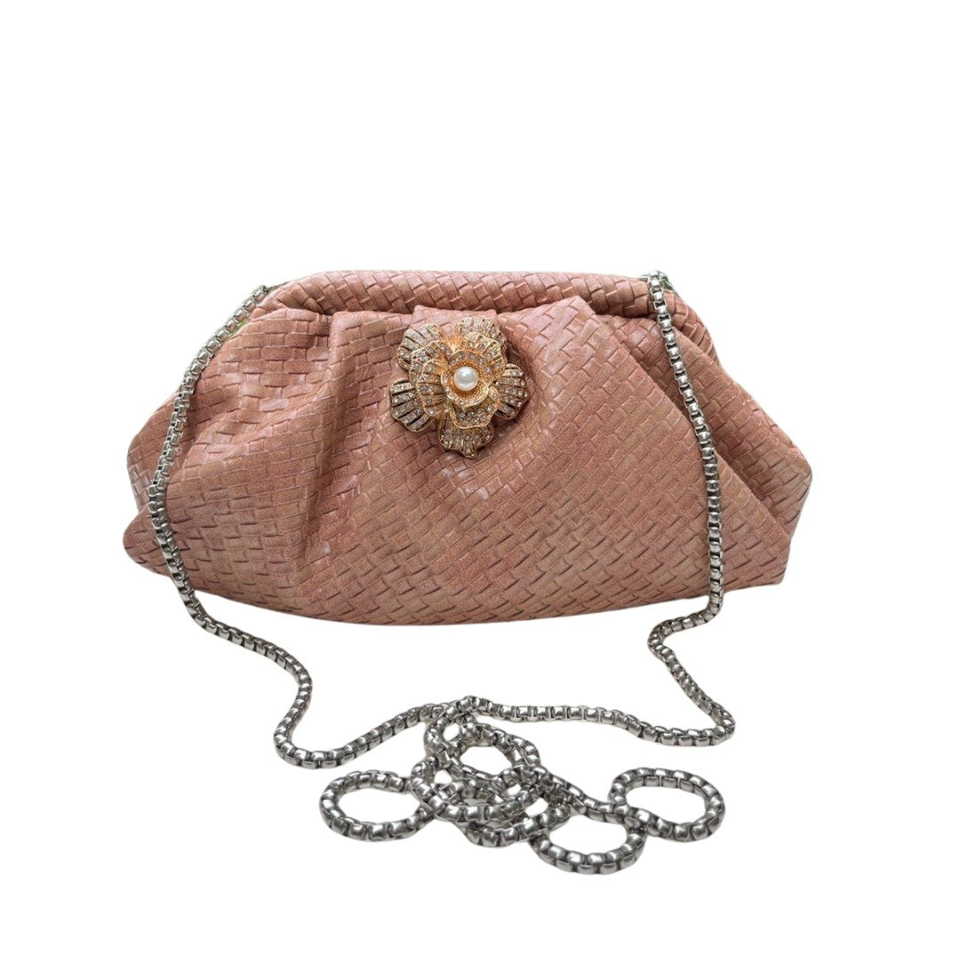 Ruche Pouch Clutch Bag with Pearl Floral Brooch & Chain Strap for Women