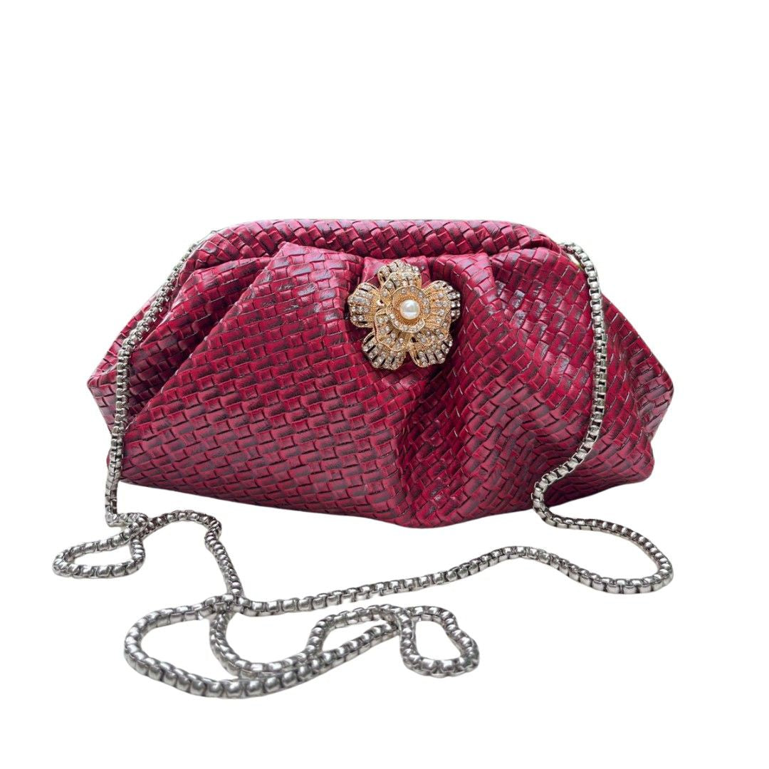 Ruche Pouch Clutch Bag with Pearl Floral Brooch & Chain Strap for Women