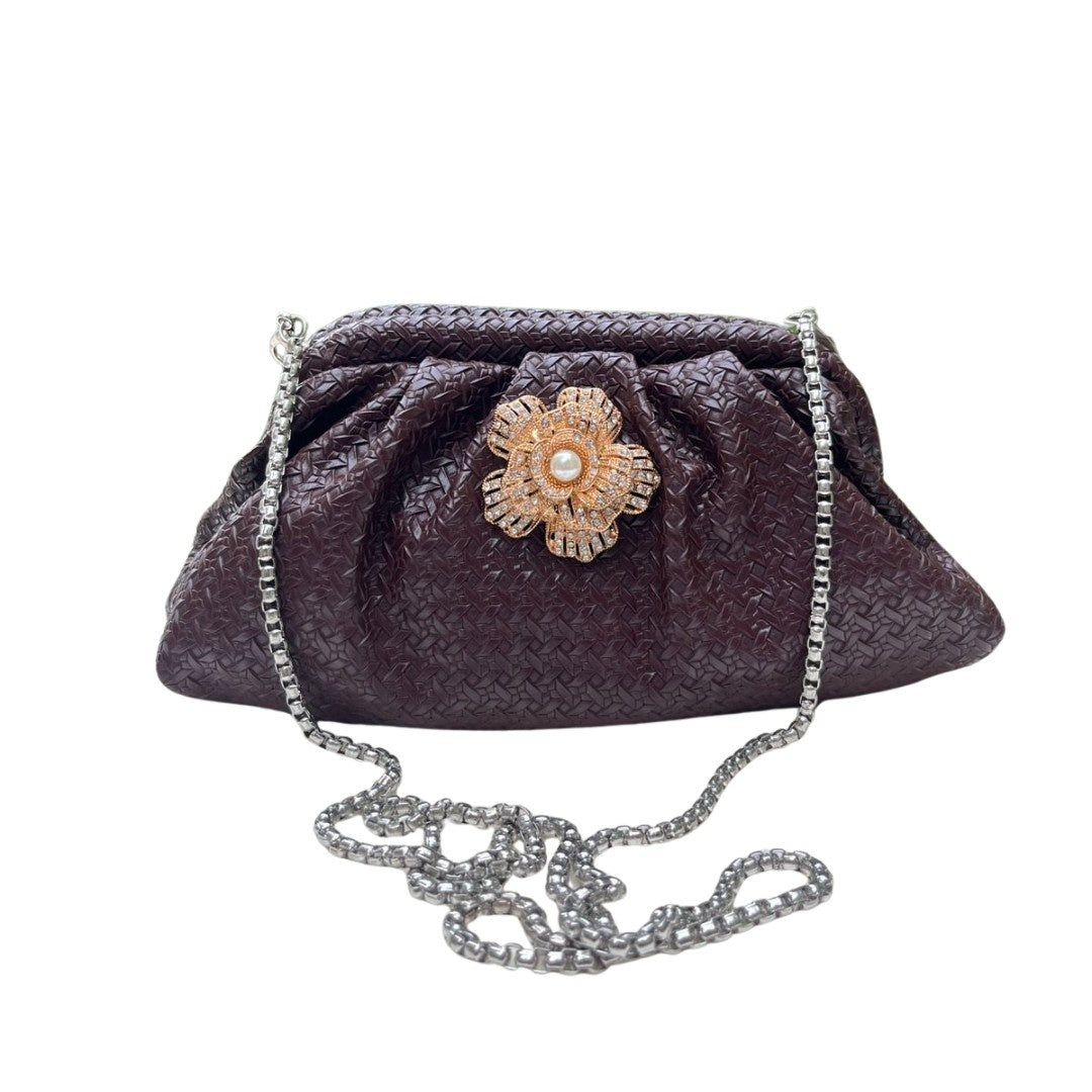 Ruche Pouch Clutch Bag with Pearl Floral Brooch & Chain Strap for Women