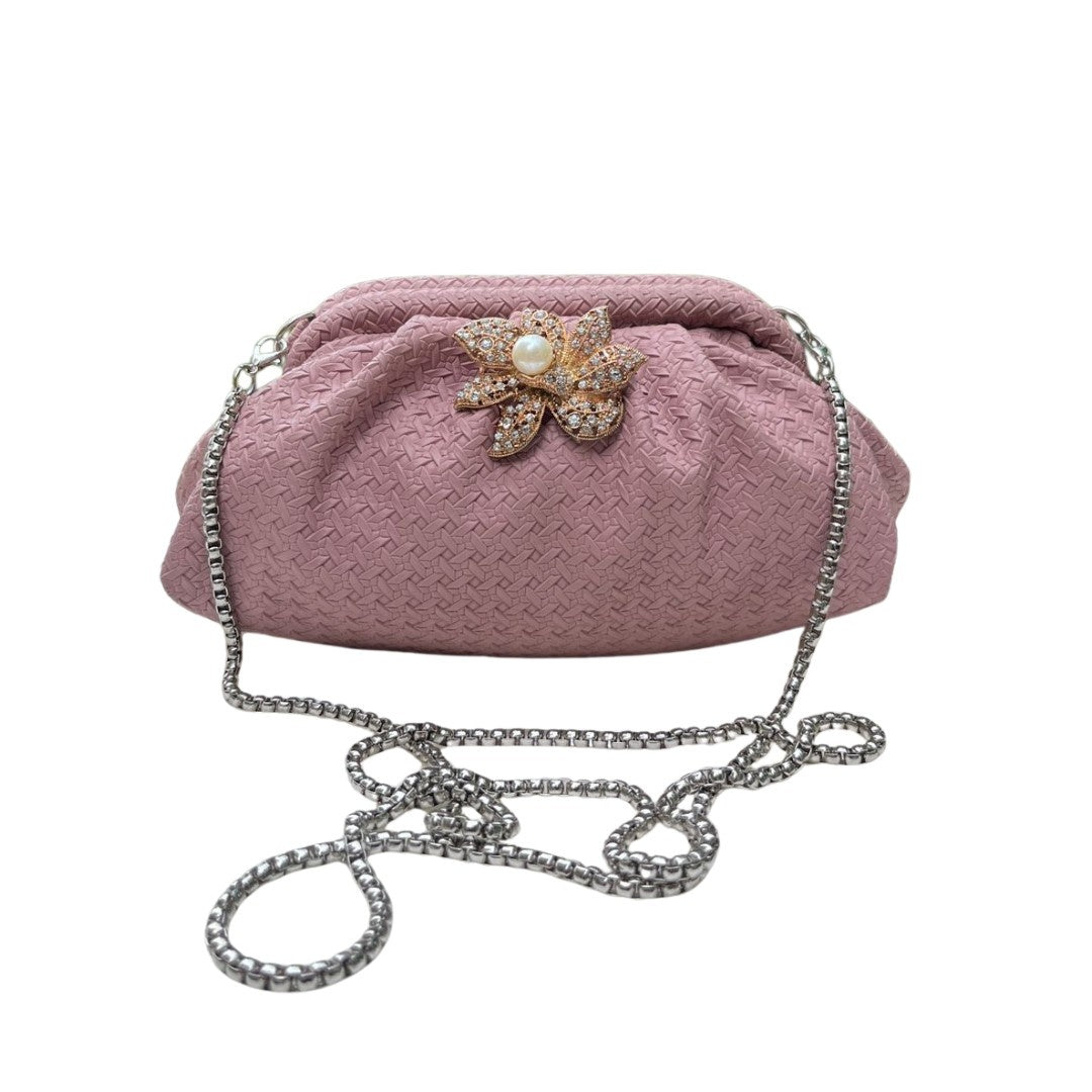 Ruche Pouch Clutch Bag with Pearl Floral Brooch & Chain Strap for Women