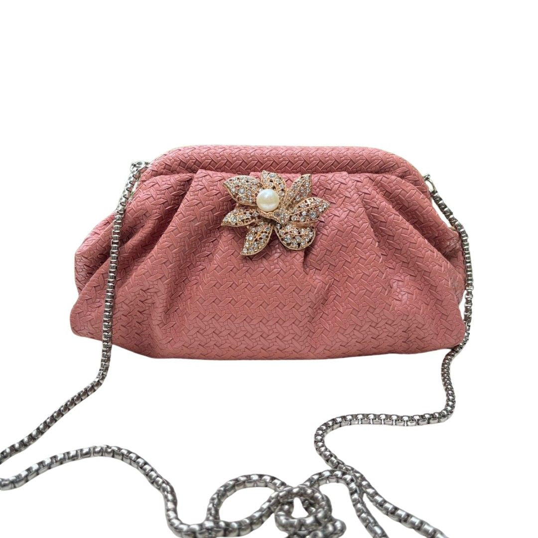 Ruche Pouch Clutch Bag with Pearl Floral Brooch & Chain Strap for Women