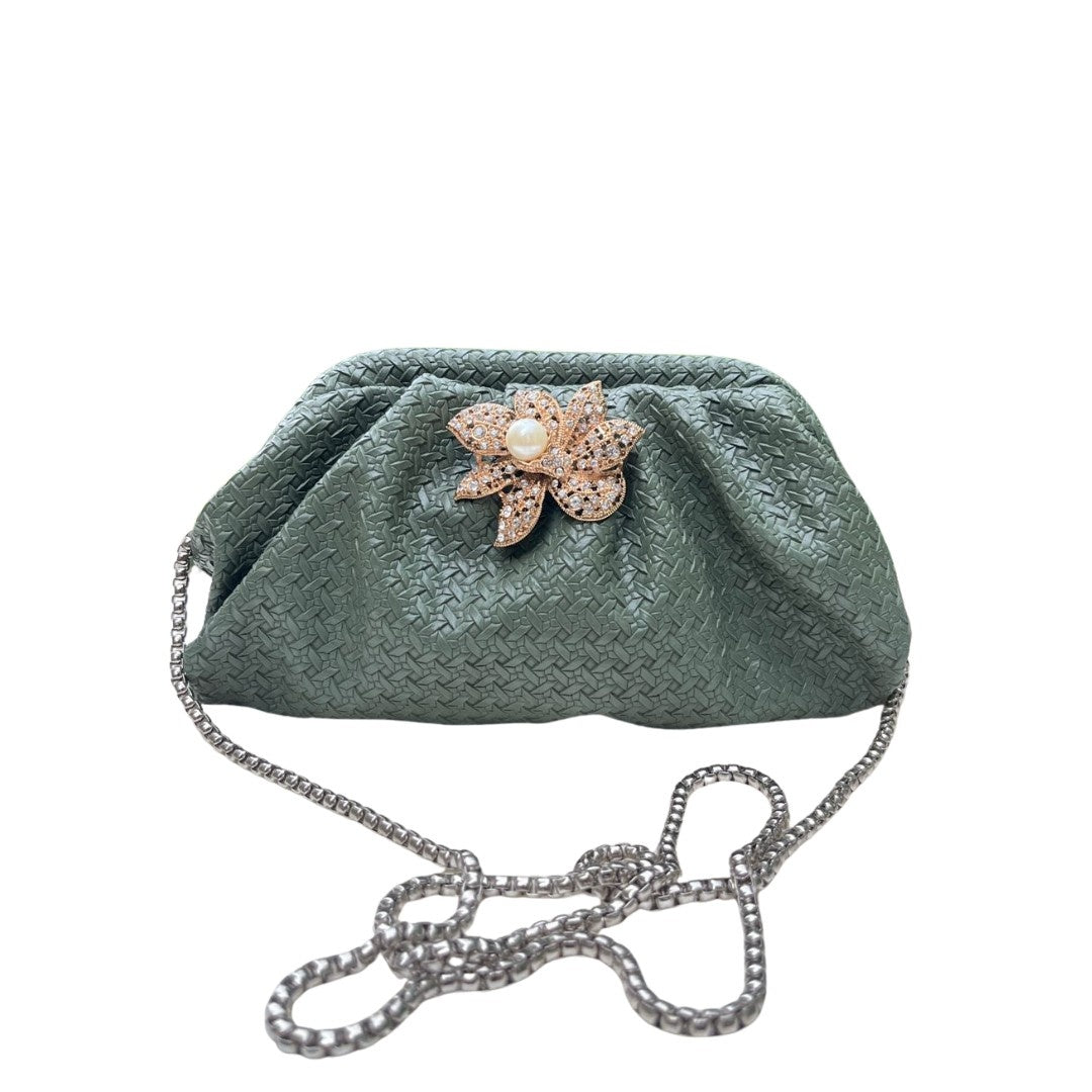 Ruche Pouch Clutch Bag with Pearl Floral Brooch & Chain Strap for Women