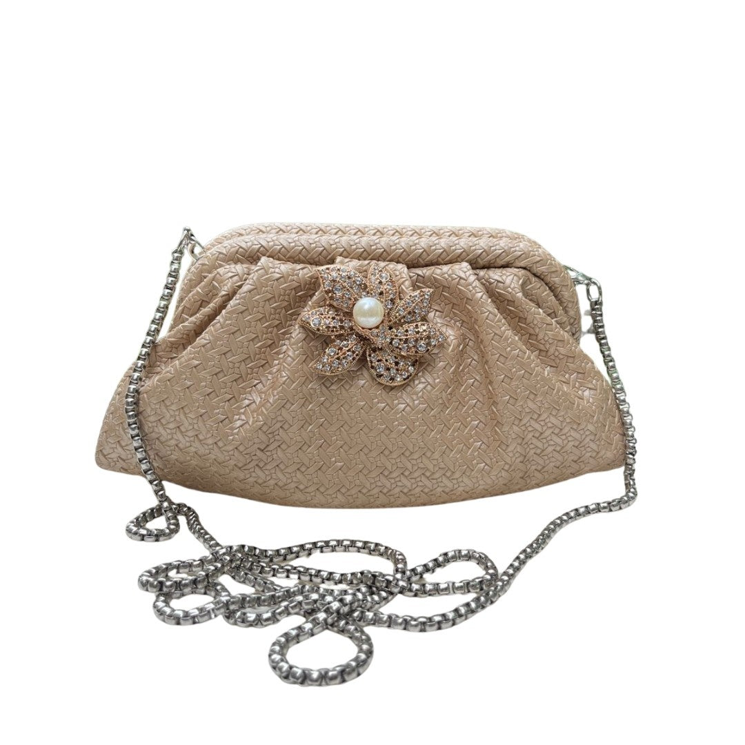 Ruche Pouch Clutch Bag with Pearl Floral Brooch & Chain Strap for Women