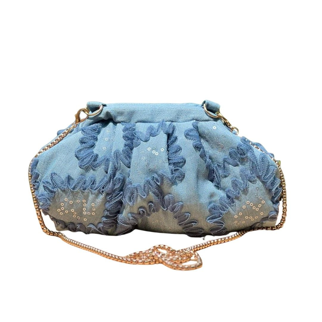 Ruche Denim Batua Clutch Bag with Sling for Women