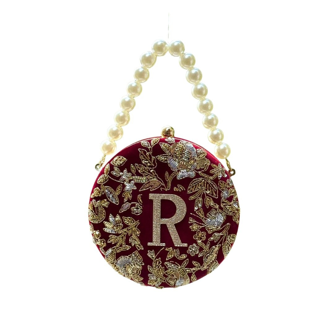 Customize Velvet Clutch Bag with Pearl Handle & Rhinestone Initial