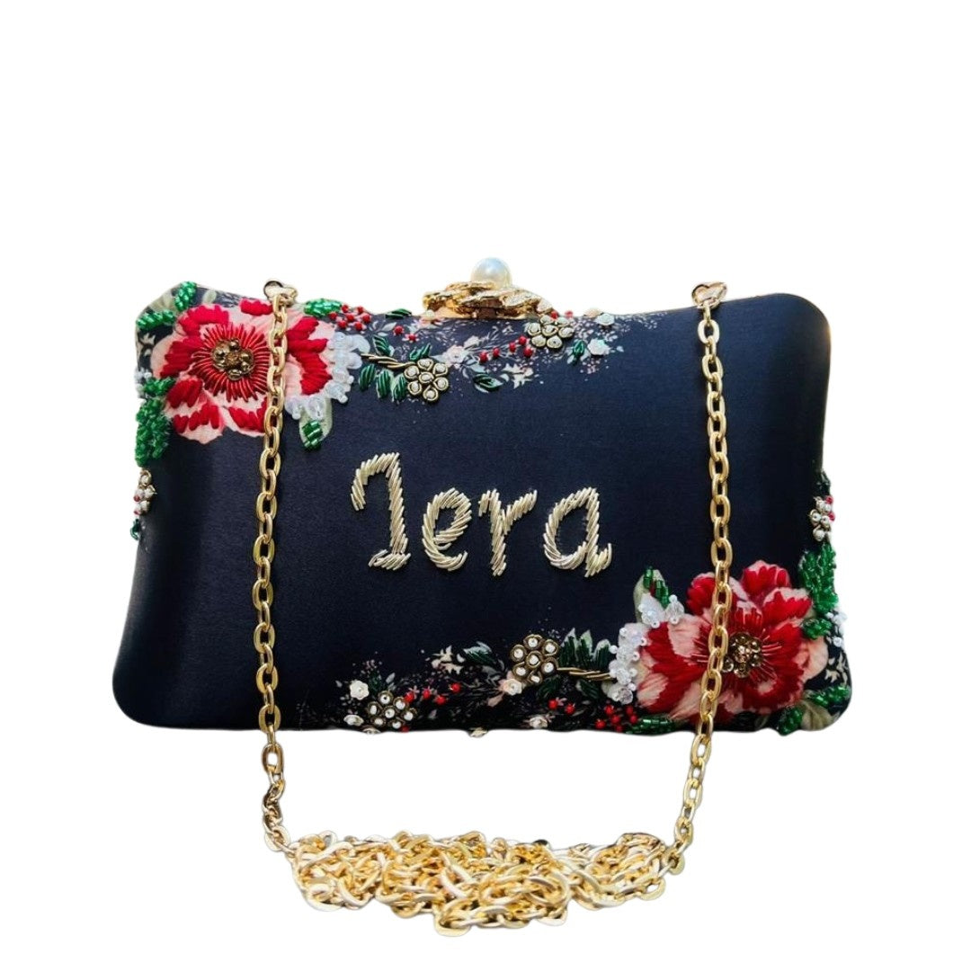Customised Embroidered Name Clutch Bag – Personalized Floral Purse with Chain