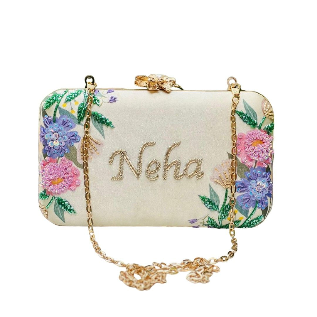 Embroidered Custom Name Clutch Purse – Handmade Floral Design Bag for Girls & Women