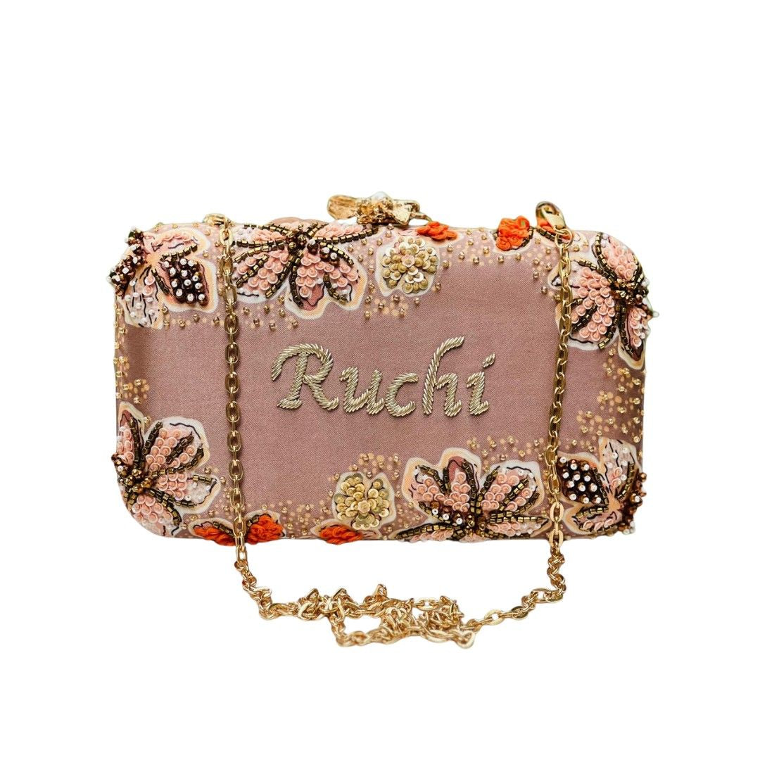 Personalized Name Embroidered Clutch – Custom Floral Purse with Gold Chain for Women