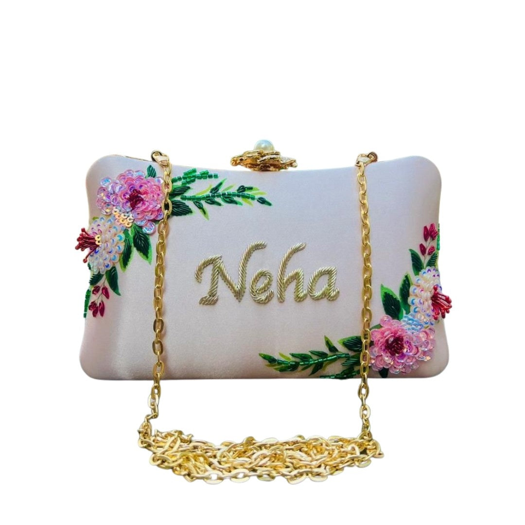 Customised Embroidered Name Clutch Bag – Personalized Floral Purse with Chain