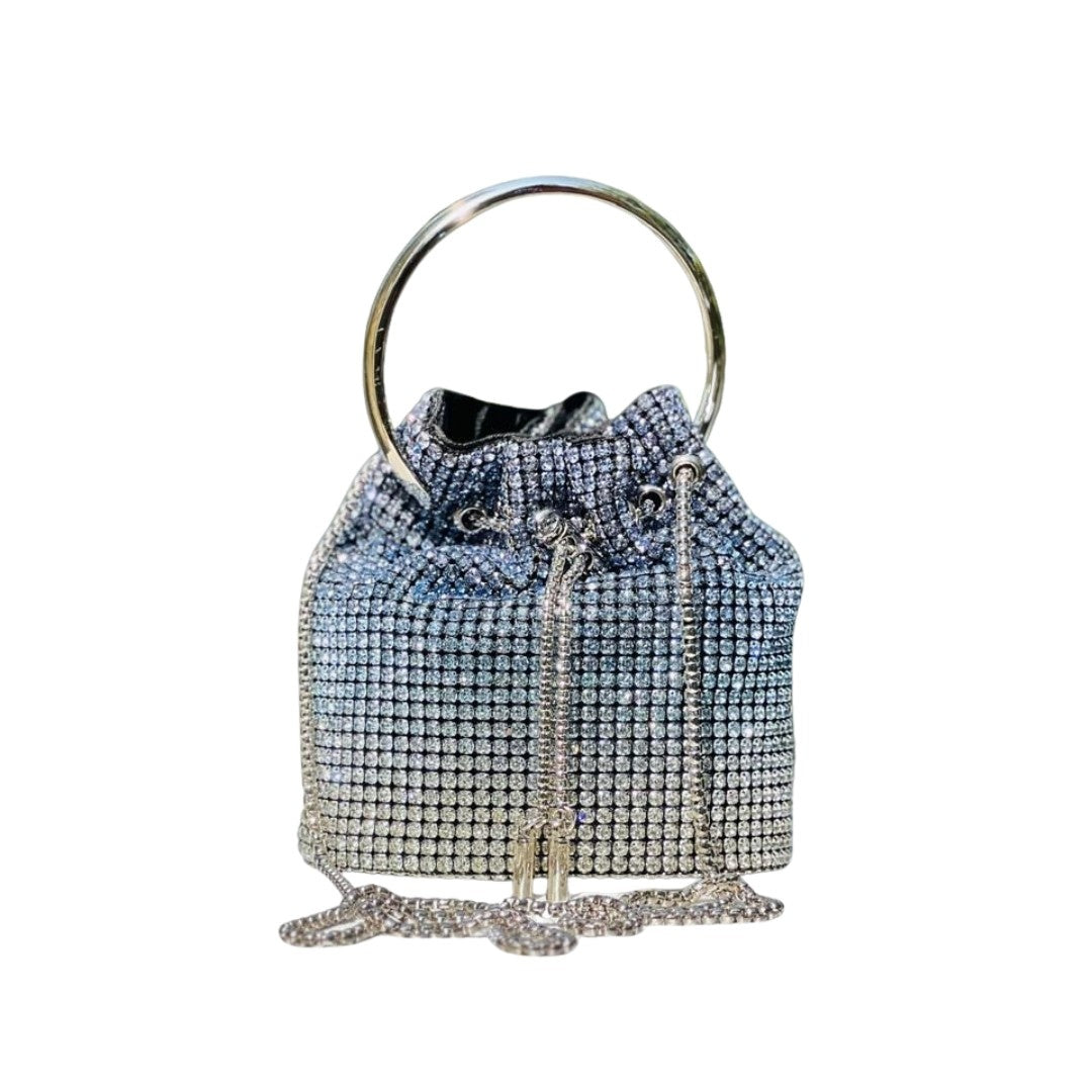 Blue Silver Rhinestone Ring Handle Party Bag for Women