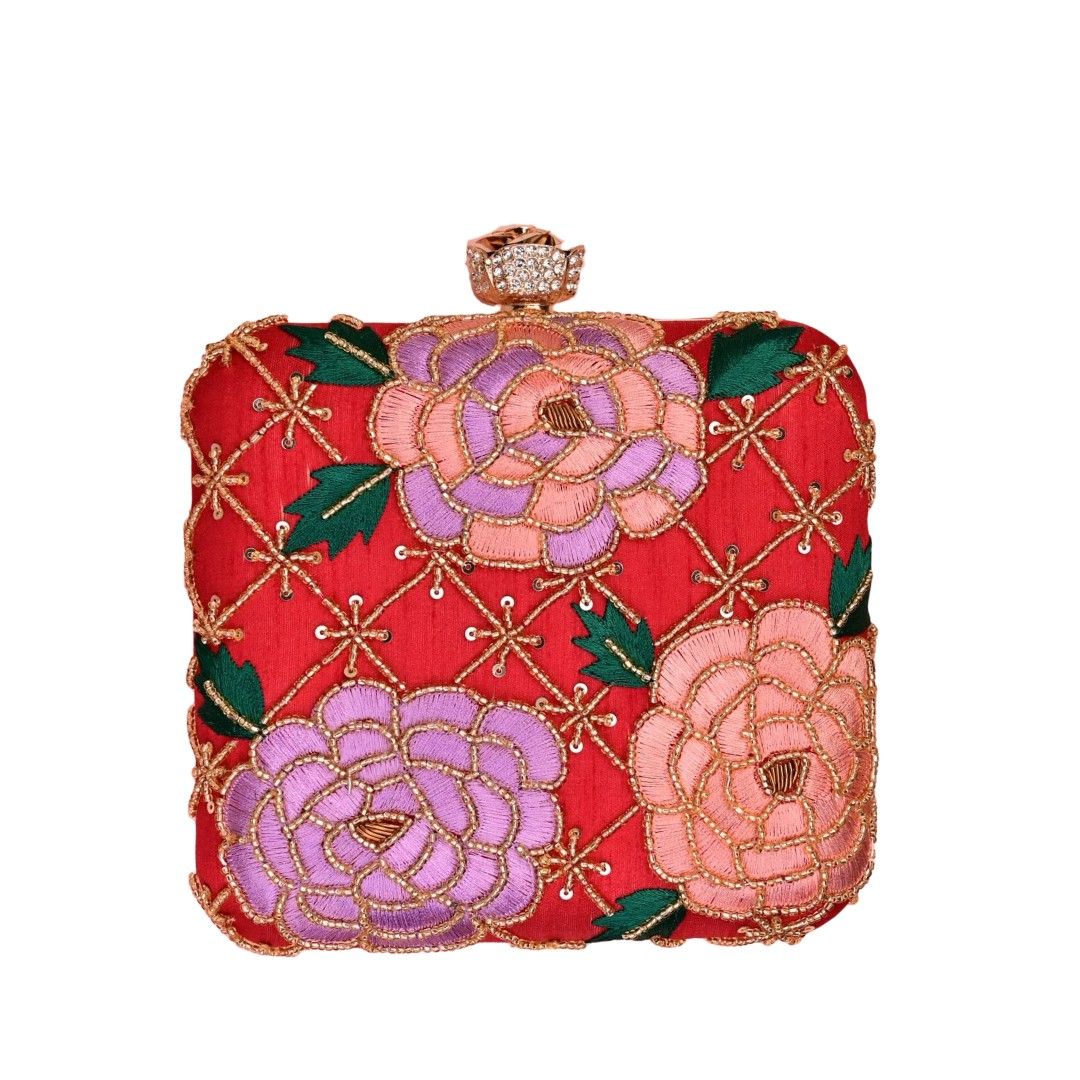 Designer Red Floral Embroidered Box Clutch Bag