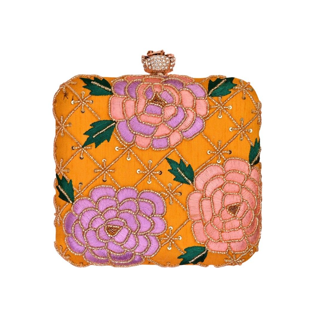 Designer Yellow Floral Embroidered Box Clutch Bag