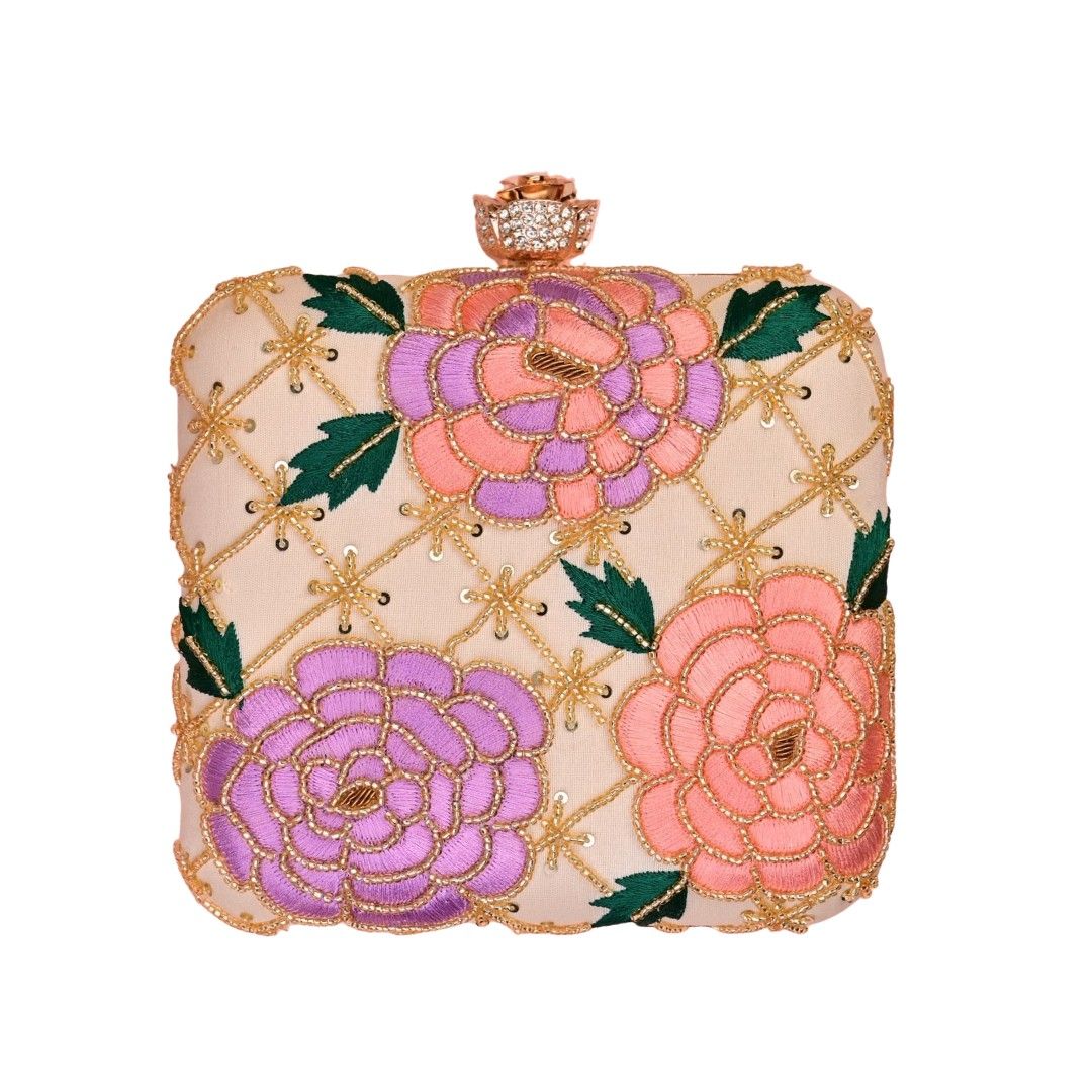 Designer Cream Embroidered Box Clutch Bag