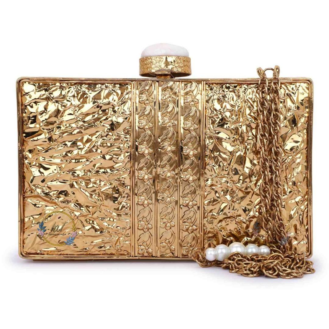 Brass Embellished Mother of Pearl Party Clutch Bag for Women