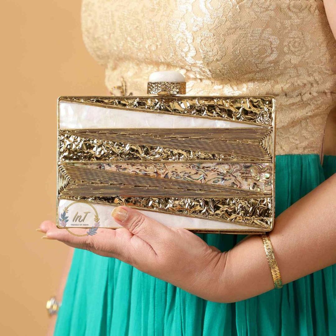 Brass Embellished Mother of Pearl Party Clutch Bag for Women